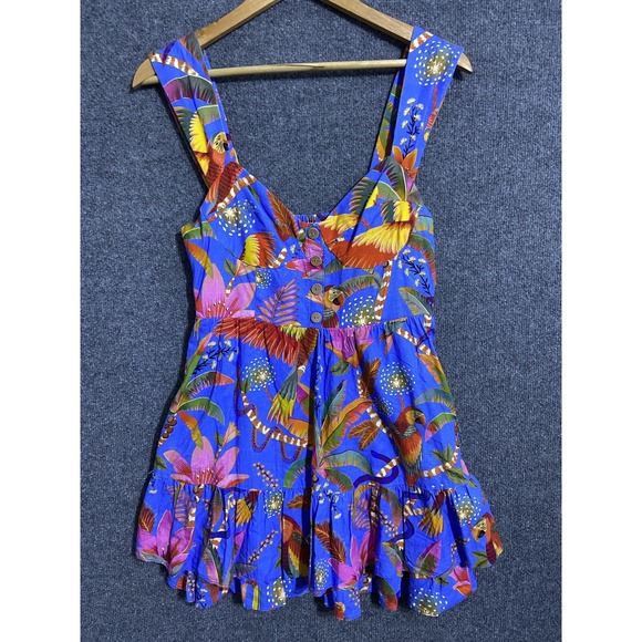 Farm Rio Dress Women Medium Blue Macaw Parrot Tiered Mini Fit Flare Linen  EUC